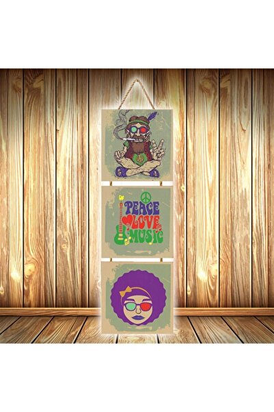 hazalshop Τριπλή ρετρό ξύλινη αφίσα με σχέδιο Peace Love Music Ü567