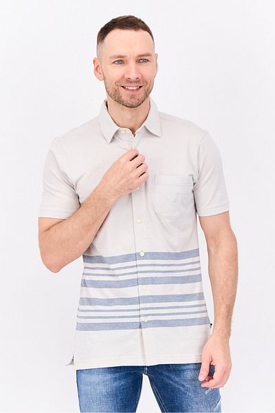 Nautica Men Regular Fit Stripe Short Sleeve Casual Shirts, Light Grey/blue