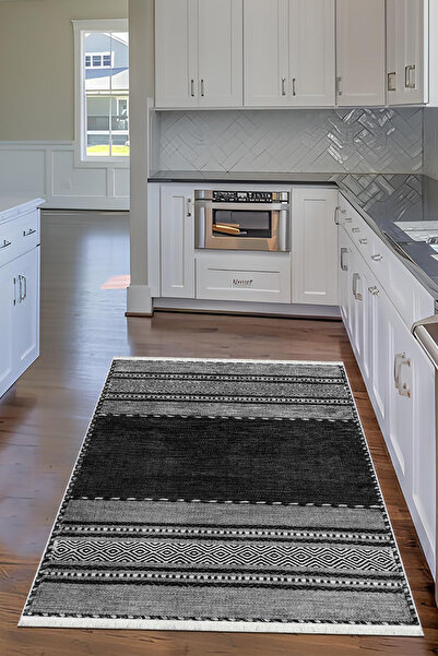 CENTER AVM Siyah Gri Mutfak Halısı Makinede Yıkanabilir Halı Kaymaz Taban Halı