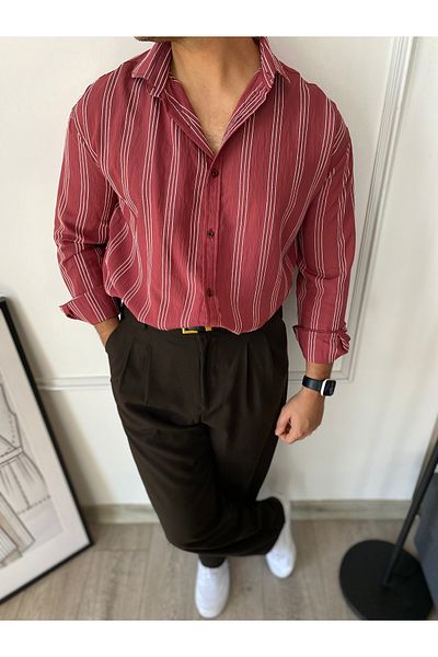 bonnline Modal Fabric Burgundy Striped Oversize Shirt