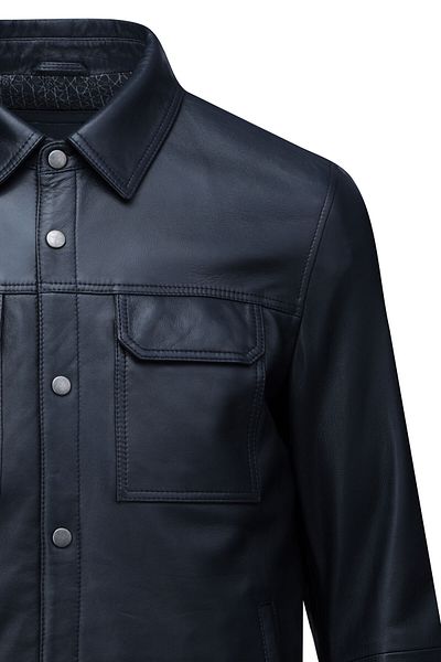 Hatemoğlu Navy Blue Regular Fit Baby Collar 100% Genuine Leather Coat
