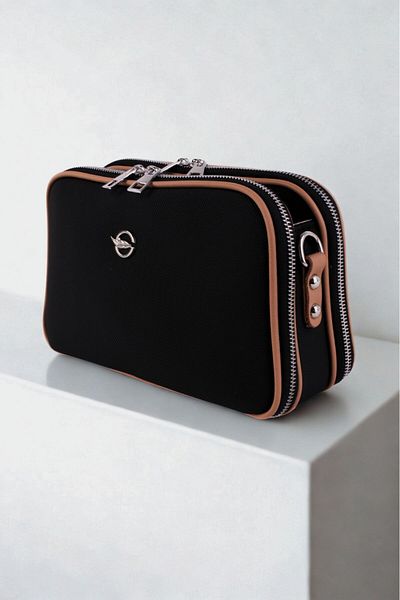 GALB LEATHER Geantă de umăr pentru femei, neagră, culoare Camel, medie, din piele, cu 5 compartimente