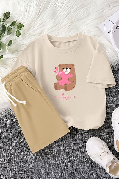 MYADA Love Written Teddy Bear Printed 2-Piece Children's Set 23392