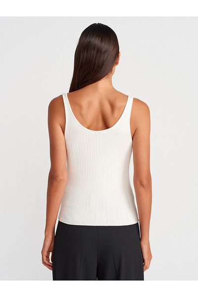 Dilvin 10747 Corded Fine Textured Knitwear Blouse-White