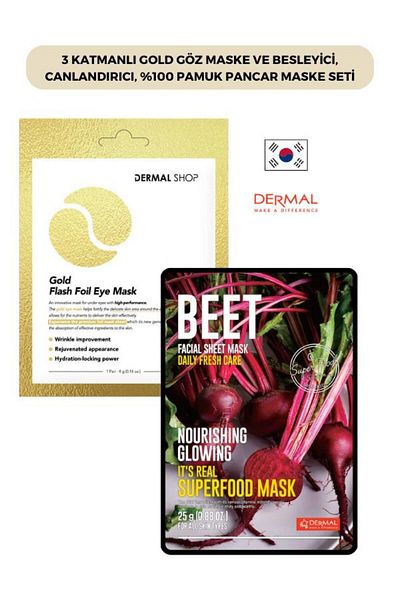 Dermal 3-Layer Gold Eye Mask and Nourishing, Revitalizing, 100% Cotton Beet Mask Set