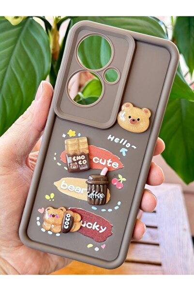 Fibaks Oppo Reno 11F Case Designed Patterned Camera Protection Teddy Bear Brown Color Soft Silicone Cap