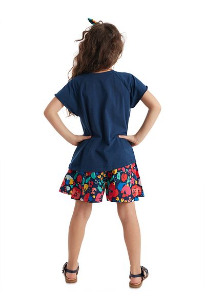 Denokids Marineblaues Set aus T-Shirt und Popeline-Shorts für Mädchen – Katzenkragen mit Blumenmuster
