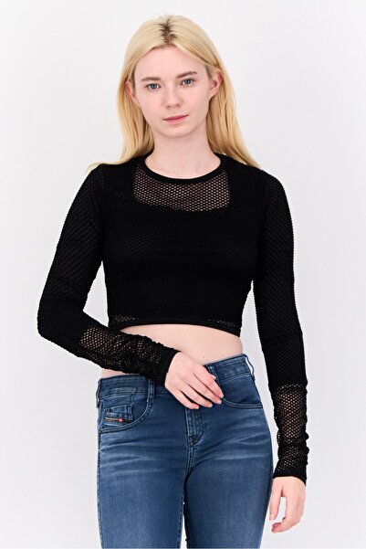 Don't Call Me Jennyfer Women Round Neck Long Sleeves Eyelet Top, Black