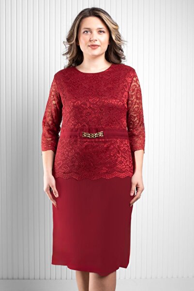 SUBU TASARIM Вечірня сукня з мереживною ланцюжковою обробкою, бордовий колір TBSMDA1015