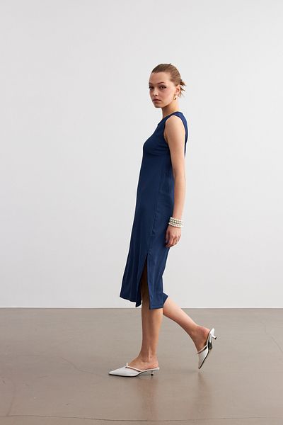Trendseninle Rochie de damă, albastru bleumarin, fără mâneci, lungime midi, cu fantă