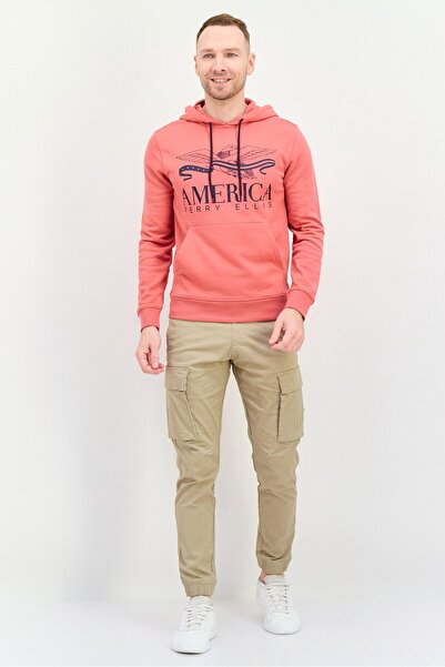 Perry Ellis Men Hooded Long Sleeves Graphic Print , Mineral Red