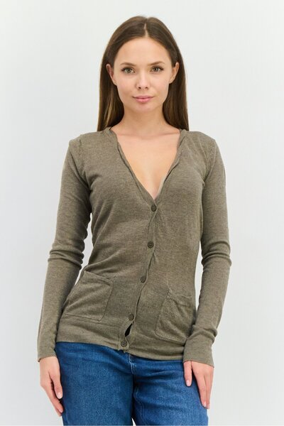 Poof Women V-Neck Long Sleeves Plain Cardigans, Taupe