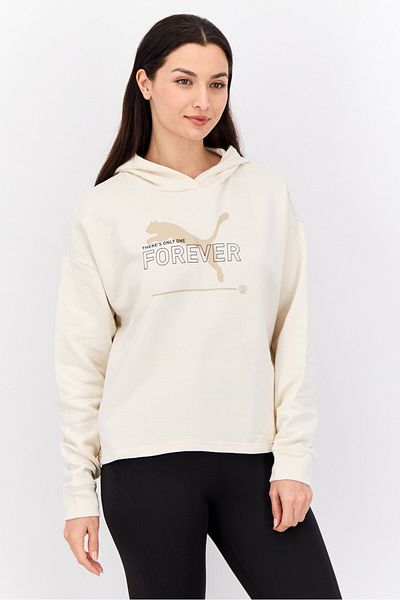 Puma Women Relaxed Fit Brand Logo Long Sleeves Outdoor Sweatshirt, Cream