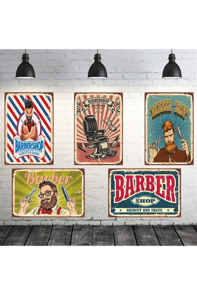 TAKIFİX Berber Temalı 5 Adet Mdf Tablo Seti