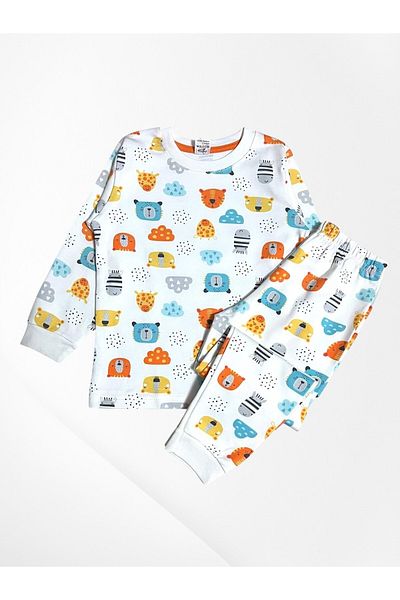 elmas kids Boy's 100% Cotton Teddy Bear Patterned White Color Long Sleeve Winter Pajama Set