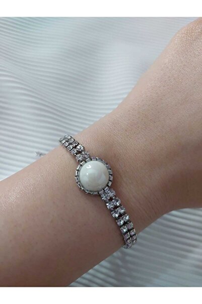 Avcıoğlu Aksesuar اسوارة نسائية حجر واحد موديل دائري حجر كريستال زركون اسوارة مطلية بالفضة