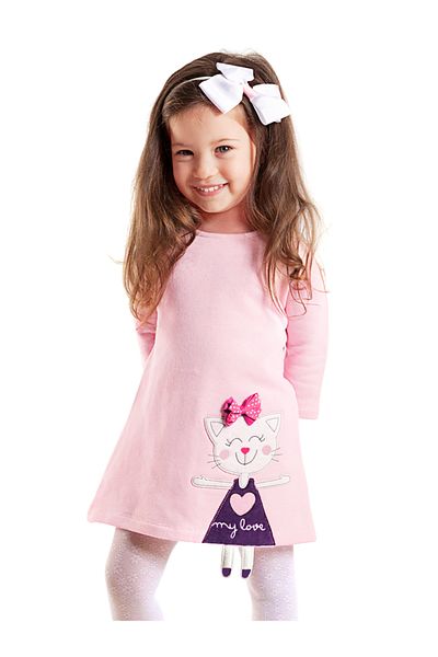 Denokids Lány - Rózsaszín Naughty Cat mintás téli hosszú ujjú ruha
