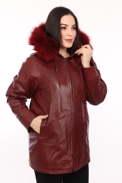 DeriWork Hakiki Kuzu Derisi Fermuarlı Kapşonlu Kürklü Ceket Kadın Bordo