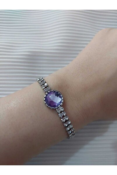 Avcıoğlu Aksesuar اسوارة نسائية حجر واحد موديل دائري حجر كريستال زركون اسوارة مطلية بالفضة