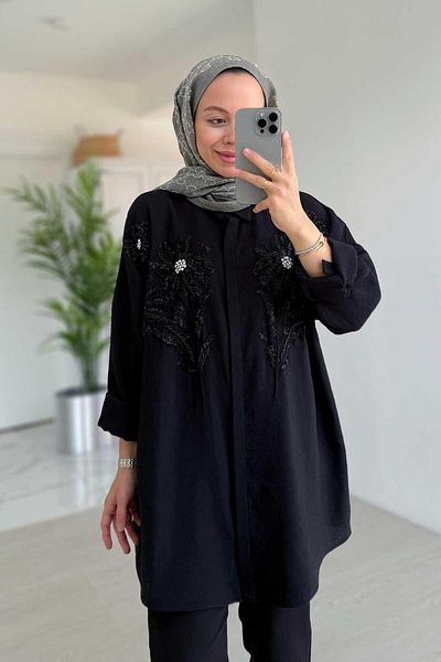 Ka Hijab Cămașă Brodată cu Motiv de Flori - Neagră