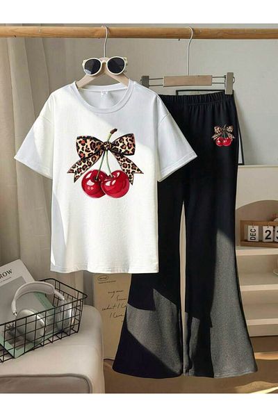 MORNİNG KİDS Girl's Cherry Ribbon Printed White T-Shirt-Black Flared Trousers Set
