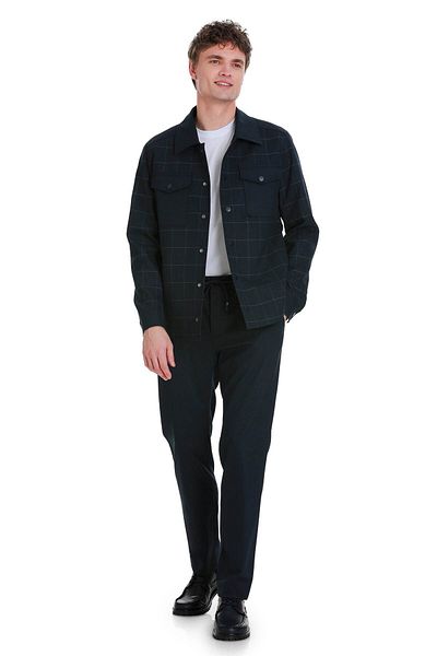 Hatemoğlu Navy Blue Slim Fit Checked Mono Collar Overshirt Set