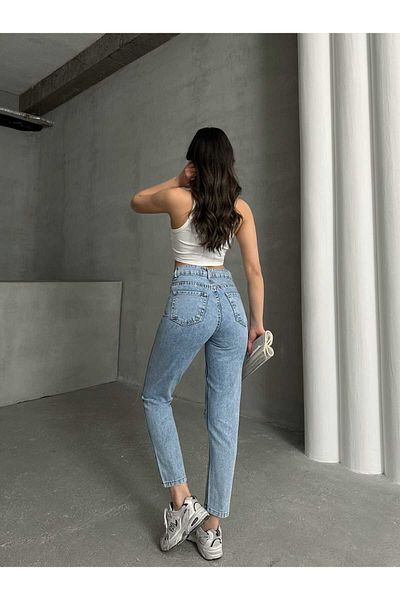 SHEVEGA Women Stone Wash High Waist Knee Laser Ripped Boyfriend Mom Jeans Denim Pants