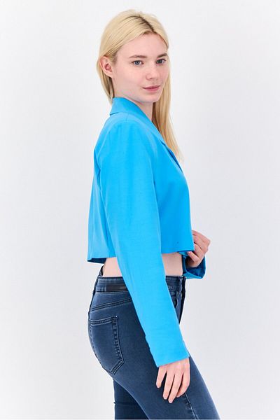 Don't Call Me Jennyfer Women Regular Fit Plain Crop Blazer, Aqua Blue