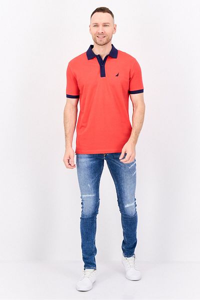 Nautica Men Regular Fit Embroidered Logo Short Sleeve Polo, Red/Navy