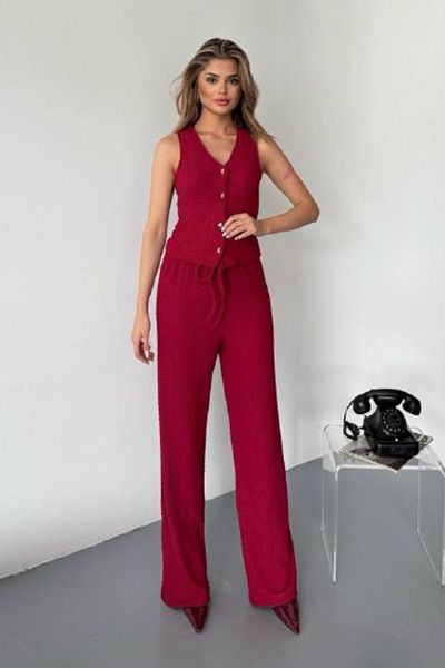 Ded COLLECTION Women's V-Neck Heart Button Detail Vest Loose Wide Leg Pants Knitted Fabric Set