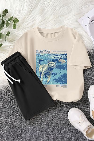 MYADA New Season Miawvana Written Floating Kitten Printed 2-Piece Children's Set 22753