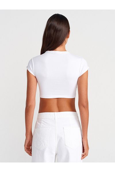 Dilvin 31810 Crew Neck Crop T-Shirt-White