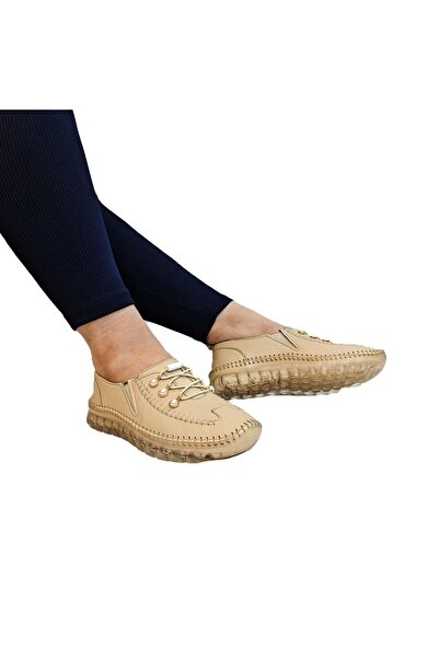 Voyager 9871 Beige Genuine Leather Beaded Shoes