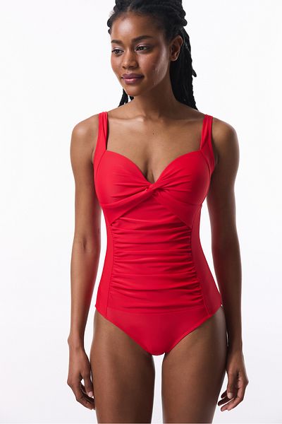 Penti Red Shirred Abdominal/Waist Enhancing Corset Swimsuit