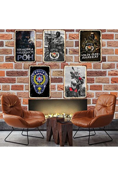 TAKIFİX Polis Özel Harekat Pöh Seti 5 Adet 20x30 cm Retro Ahşap Tablo