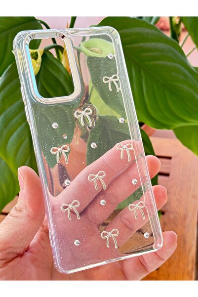 Fibaks Xiaomi Redmi Note 12 4G Case Transparent Silvery Silvery Silver Camera Protruding Glossy Cover with Bow Pattern