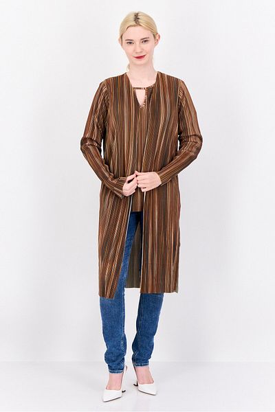 CYRUS Women Split Neck Textured Cardigan, Brown