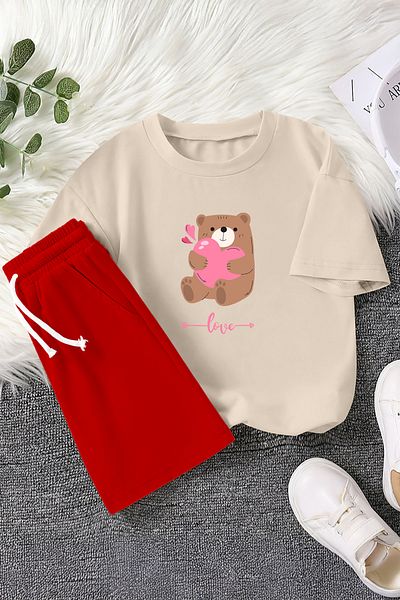 MYADA Premium Love Written Teddy Bear Printed 2-Piece Children's Set 23392