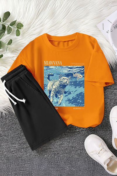 MYADA New Season Miawvana Written Floating Kitten Printed 2-Piece Children's Set 22753