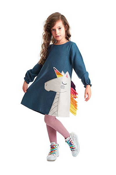 Denokids Tmavě modré dívčí zimní šaty se vzorem jednorožce