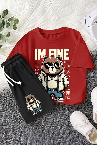MYADA New Season Fine Written Cool Teddy Bear Printed 2-Piece Children's Set 22515