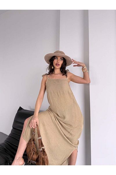 MYZİ STORE Γυναικείο λινό φόρεμα καλοκαιρινό φόρεμα λινό λουράκι