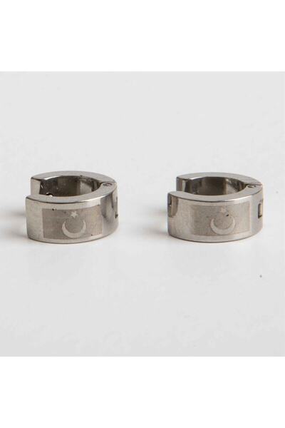 hazalshop Men's Star and Crescent Design Silver Color Stainless Steel Earrings