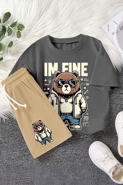 MYADA New Season Fine Written Cool Teddy Bear Printed 2-Piece Children's Set 22515