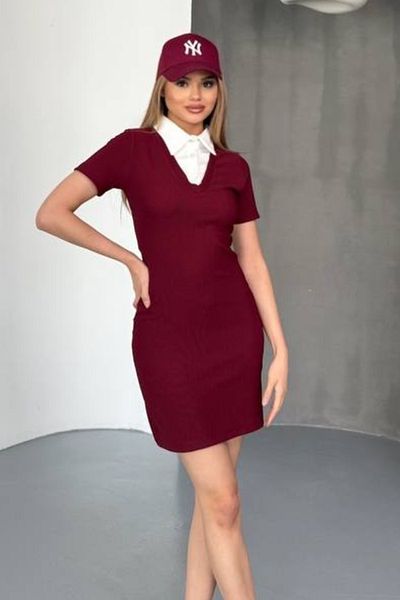 Ded COLLECTION Women's White Shirt Collar Detailed Ottoman Fabric Short Sleeve Mini Dress