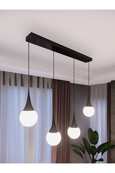 avizade Opya Siyah Metal Gövde Ve Beyaz Camlı 4’lü Avize – Sıralı Modern Sark...