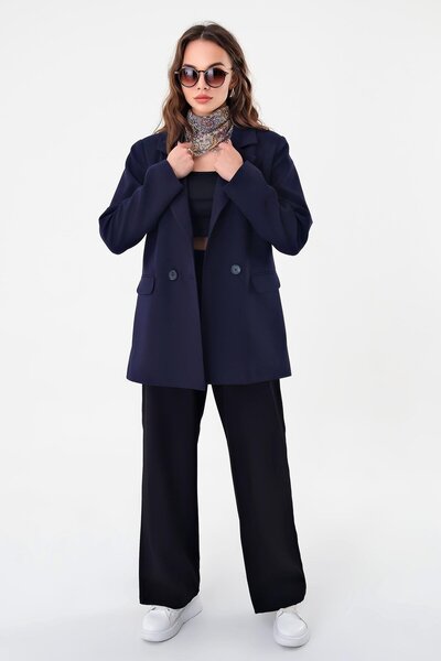 Hazel Lacivert Çift Düğmeli Blazer Ceket
