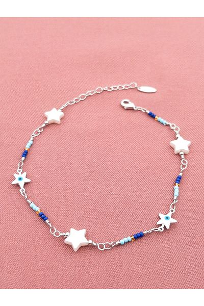 Siya Silver Evil Eye Beaded Star Detailed Anklet