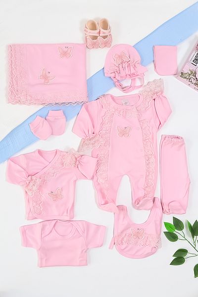 Sitilin Pink Butterfly Patterned Baby Girl Scalloped - 100% Cotton, 10-piece Hospital Set Stl6742