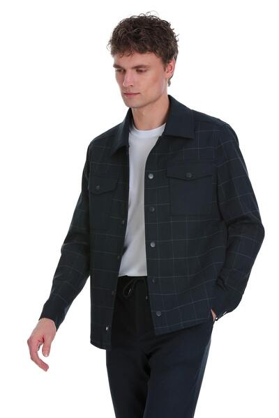 Hatemoğlu Lacivert Slim Fit Kareli Mono Yaka Overshirt Takım